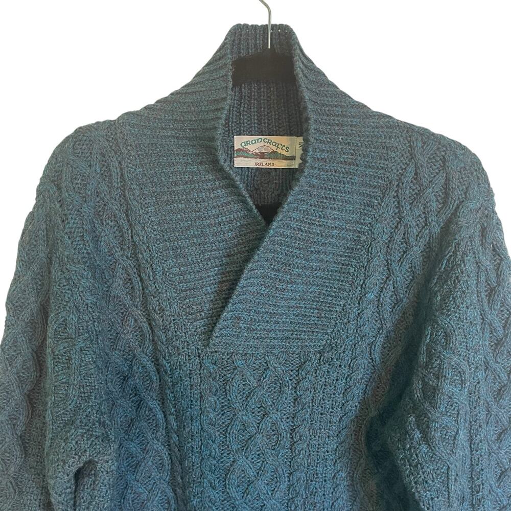Arancrafts Women's Blue & Gray Chunky Fishermans Sweater Merino Wool Ireland XL - Picture 2 of 6
